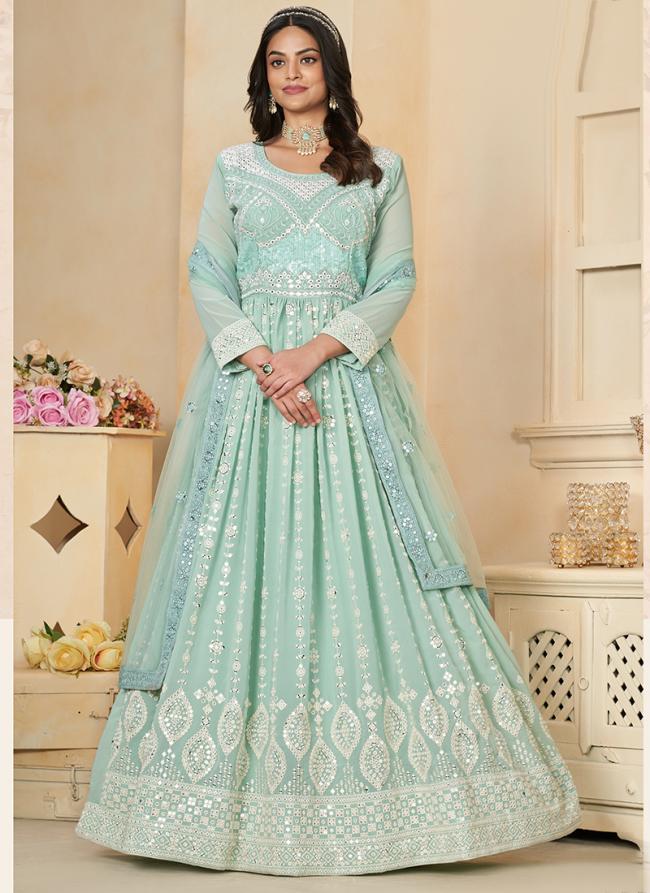 Georgette Sky Blue Ceremonial Wear Embroidery Work Readymade Anarkali Suit